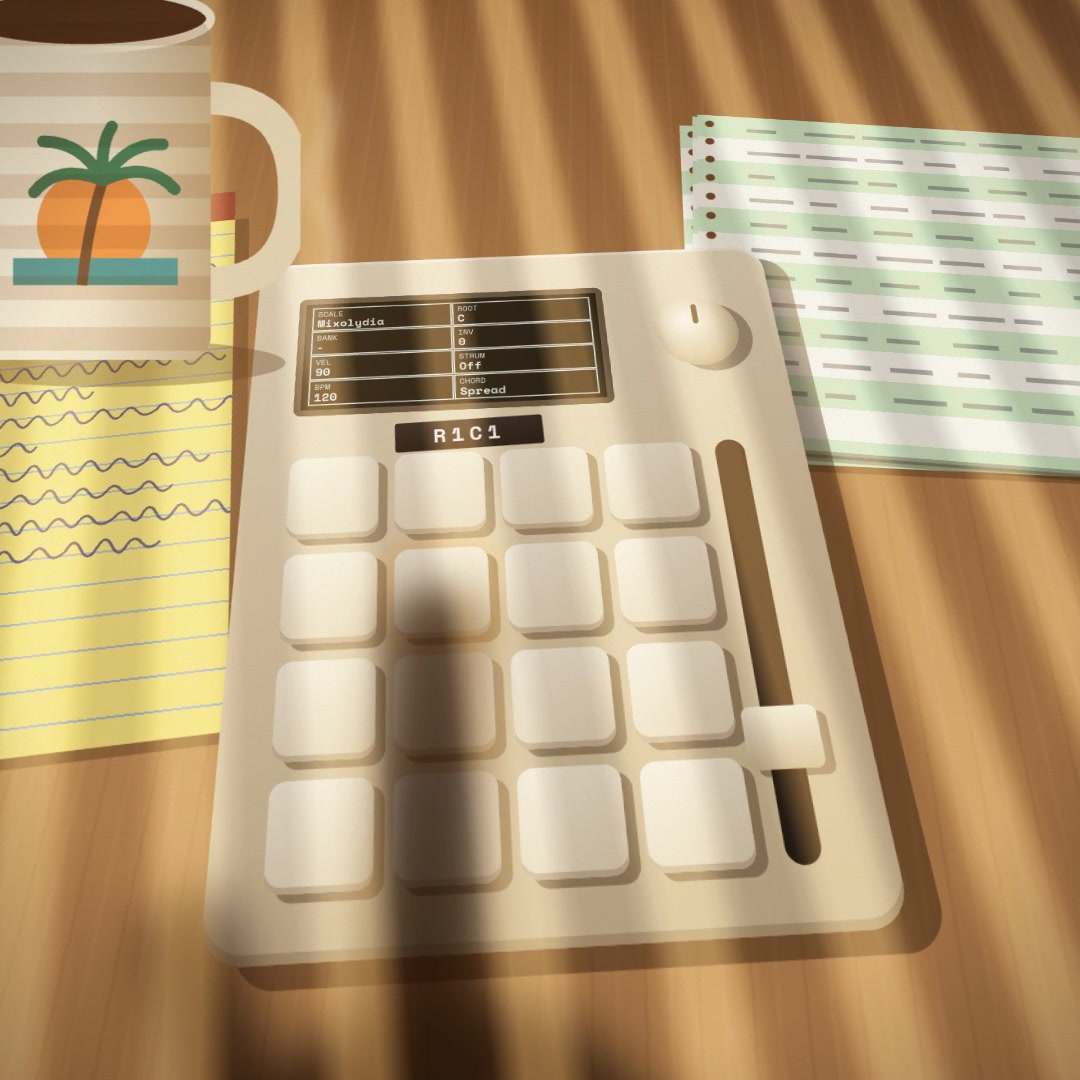 The R1C1 on a wooden desk in late afternoon light, beside a palm-tree mug and a stack of green-bar printout.
